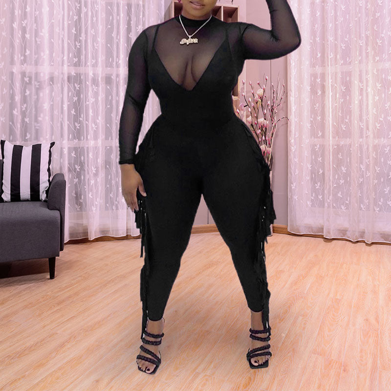 Solid Long Sleeve Sheer Mesh Patchwork Tassel Design Jumpsuit