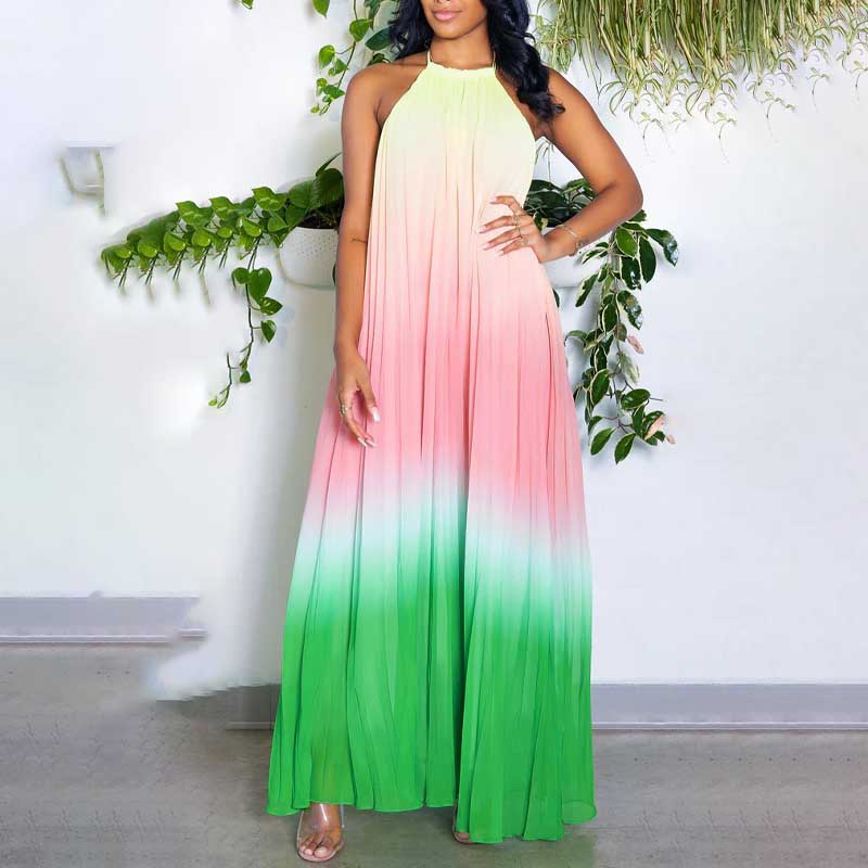 Gradient Halter Backless Pleated Maxi Dress