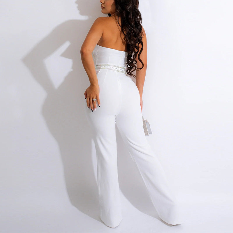 Rhinestone Banedau Sheer Mesh Patchwork Jumpsuit