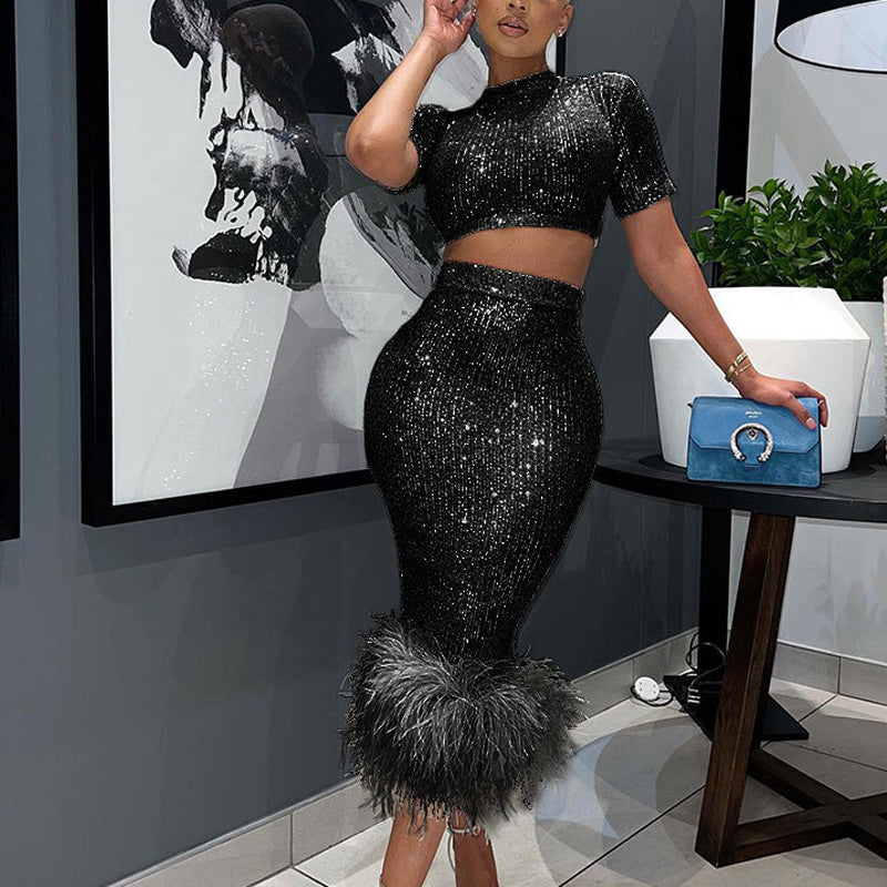 Sequins Crop Top & Feather Design Skirt Set