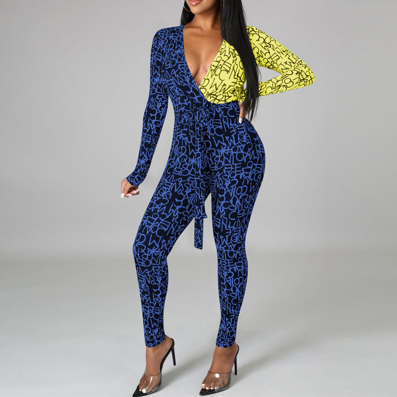 Colorblock Deep V-Neck Long Sleeve Jumpsuit