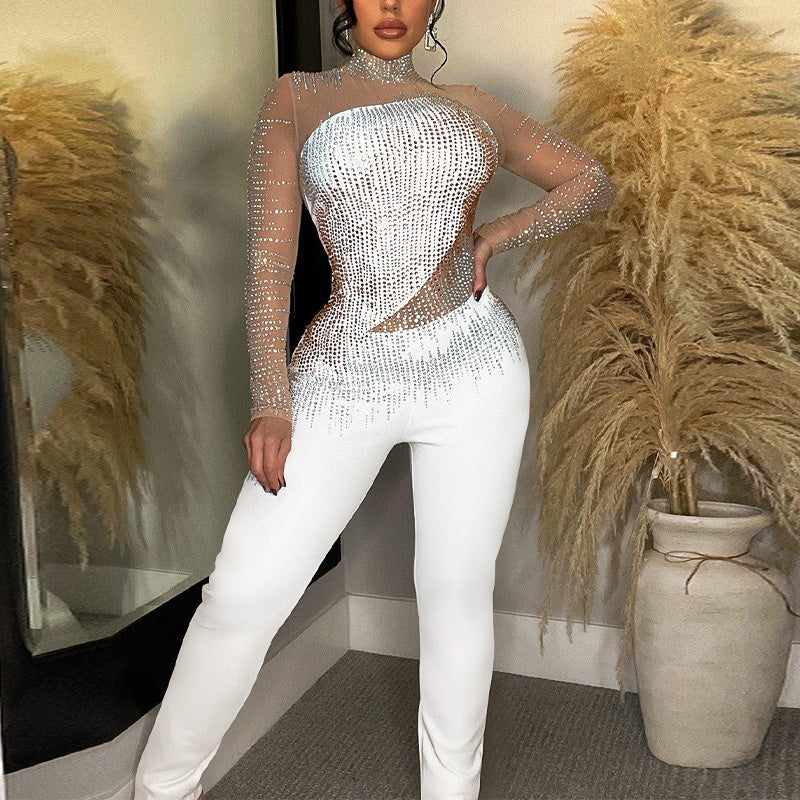 Rhinestone Sheer Mesh Patchwork Skinny Jumpsuit