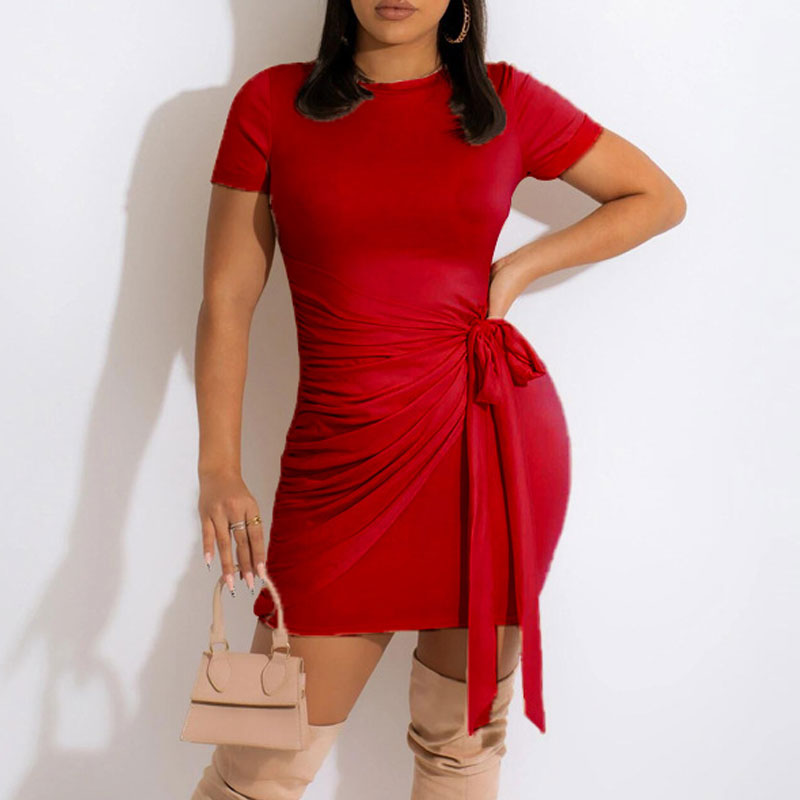 Solid Short Sleeve Ruched Bodycon Dress