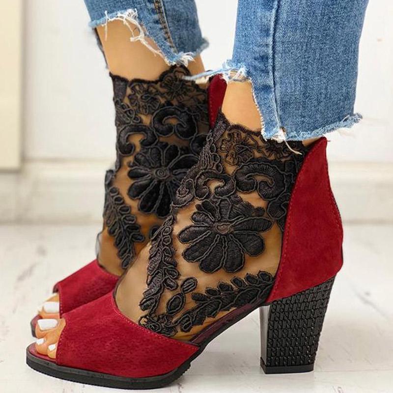 Lace Mesh Insert Chunky Heeled Boots - Cherrybetty