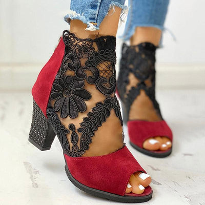 Lace Mesh Insert Chunky Heeled Boots - Cherrybetty