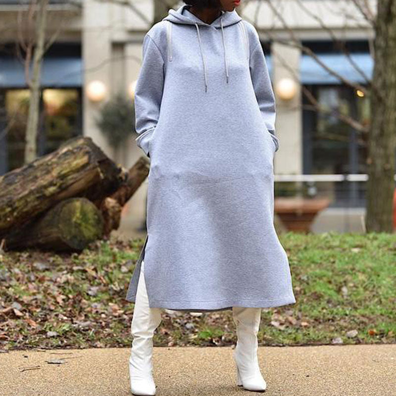 Solid Long Sleeve Cut Out Slit Hoodie Midi Dress