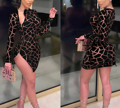 Solid Long Sleeve Ziper Design High Slit Bodycon Dress