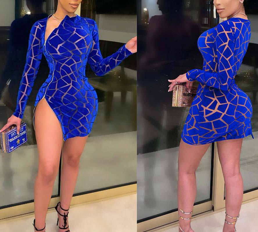 Solid Long Sleeve Ziper Design High Slit Bodycon Dress