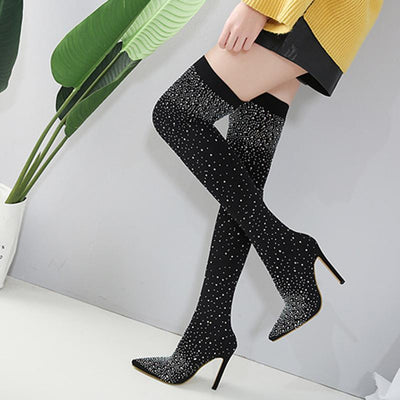 Pointed Rhinestone Over The Knee Elastic Boot - Shop Shiningbabe - Womens Fashion Online Shopping Offering Huge Discounts on Shoes - Heels, Sandals, Boots, Slippers; Clothing - Tops, Dresses, Jumpsuits, and More.