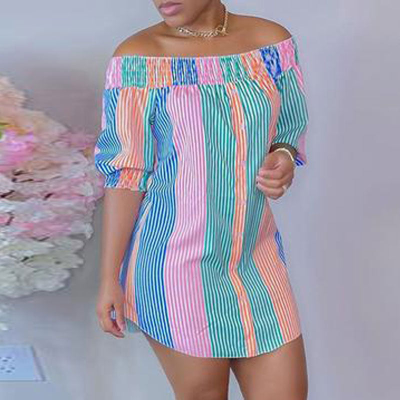 Striped Pattern Off Shoulder Half Sleeve Shirt Dress