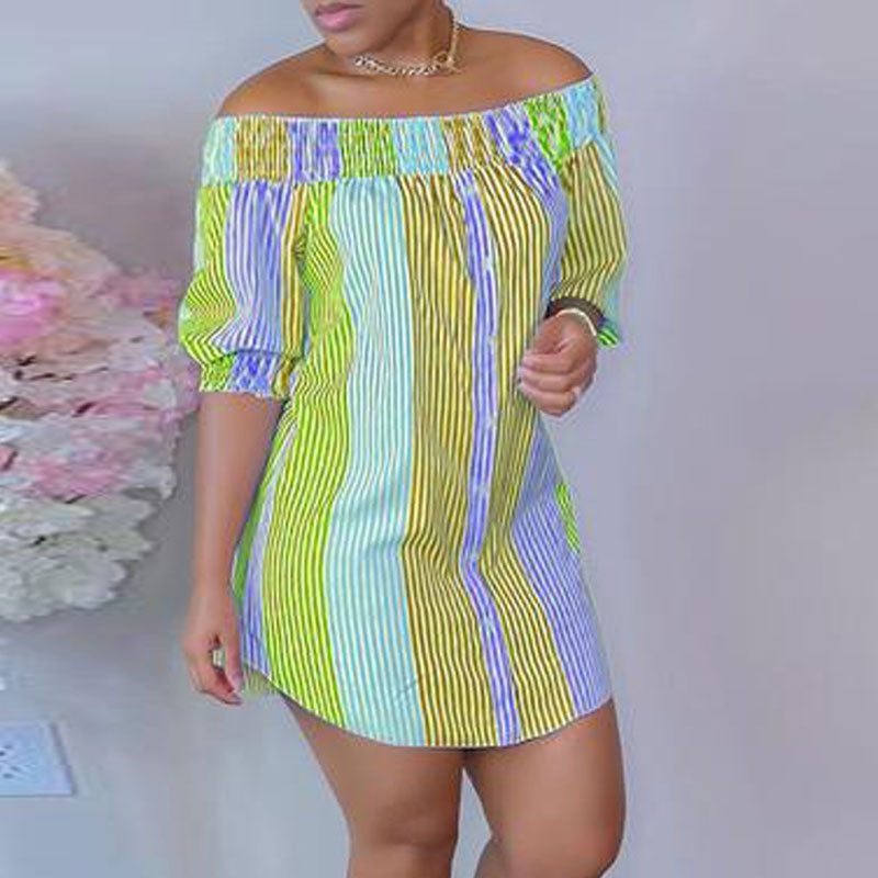 Striped Pattern Off Shoulder Half Sleeve Shirt Dress