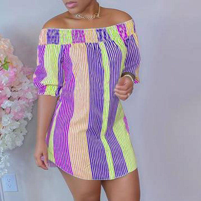 Striped Pattern Off Shoulder Half Sleeve Shirt Dress