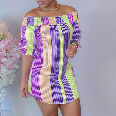 Striped Pattern Off Shoulder Half Sleeve Shirt Dress