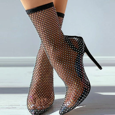 Fishing Net Mesh Studded Stiletto Heel Boots