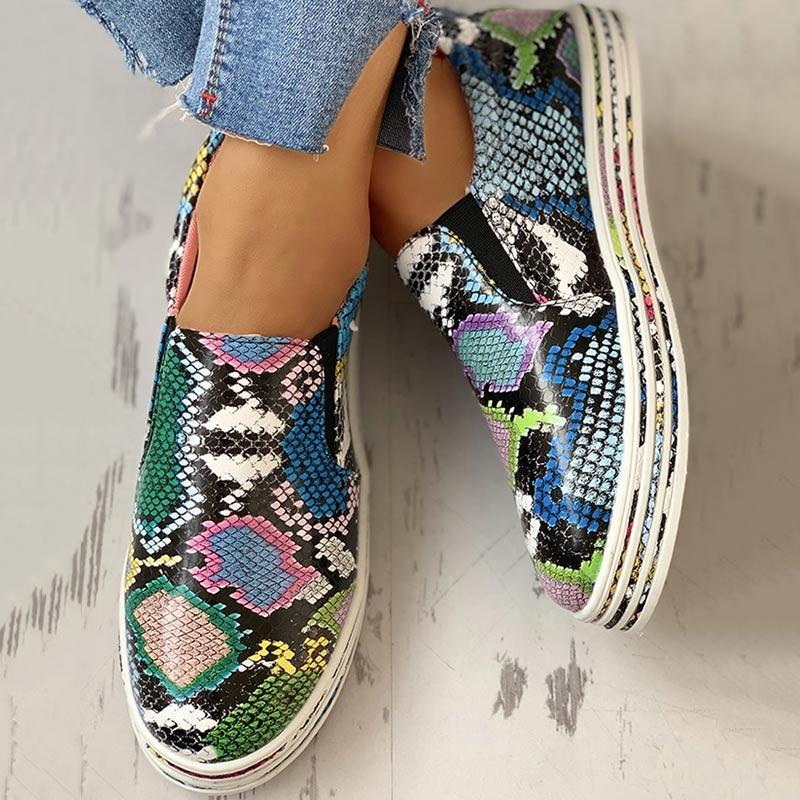 PU Snakeskin Print Flat Sneakers - Cherrybetty