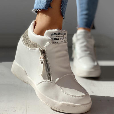 Zippper Studded Platform Wedges Casual Sneakers - Cherrybetty