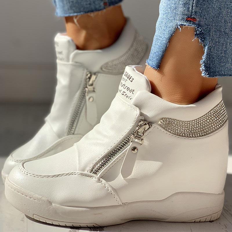 Zippper Studded Platform Wedges Casual Sneakers - Cherrybetty