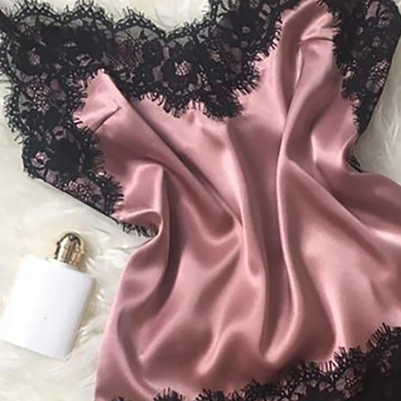 Solid Lace Trim Satin Cami Set