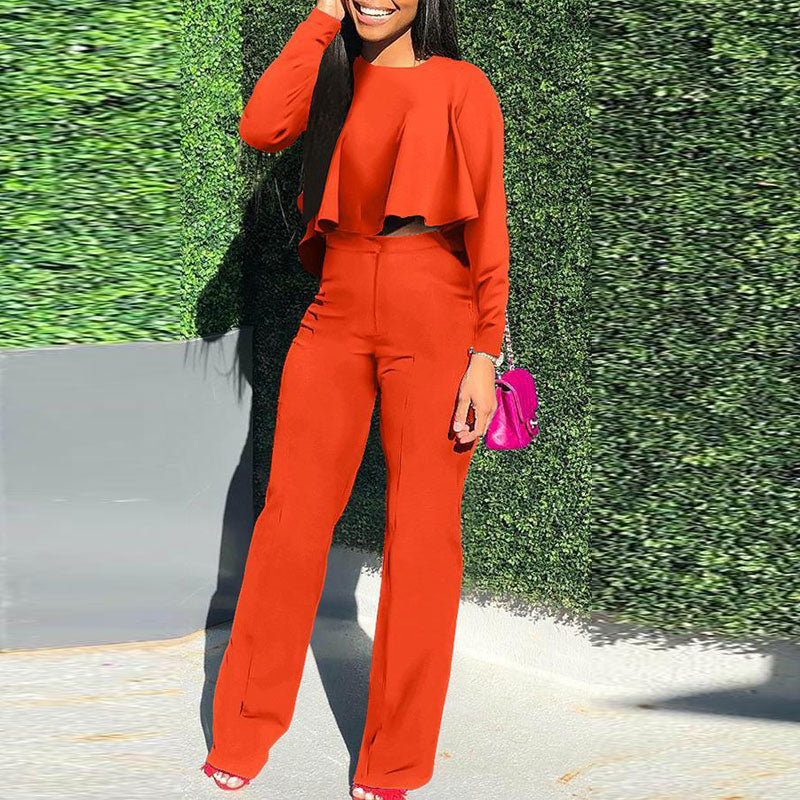 Solid Ruffle Design Long Sleeve Top & Pants Set