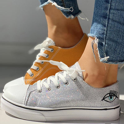 Colorblock Eyes Pattern Eyelet Lace-Up Casual Sneakers - Cherrybetty