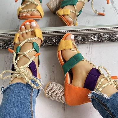 Colourblock Lace-up Chunky Heels Open Toe Sandals - Shop Shiningbabe - Womens Fashion Online Shopping Offering Huge Discounts on Shoes - Heels, Sandals, Boots, Slippers; Clothing - Tops, Dresses, Jumpsuits, and More.