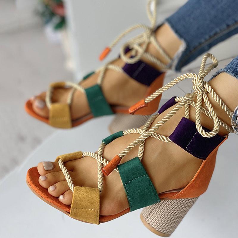 Colourblock Lace-up Chunky Heels Open Toe Sandals - Shop Shiningbabe - Womens Fashion Online Shopping Offering Huge Discounts on Shoes - Heels, Sandals, Boots, Slippers; Clothing - Tops, Dresses, Jumpsuits, and More.