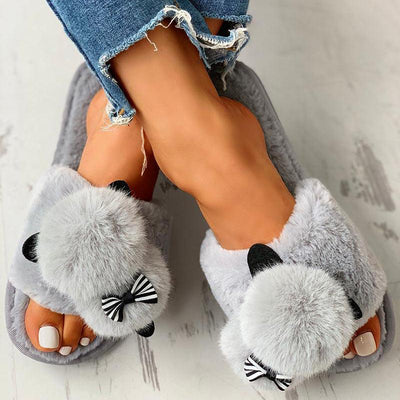 Fluffy Pom Pom Bowknot Embellished Open Toe Flat Slippers - Cherrybetty