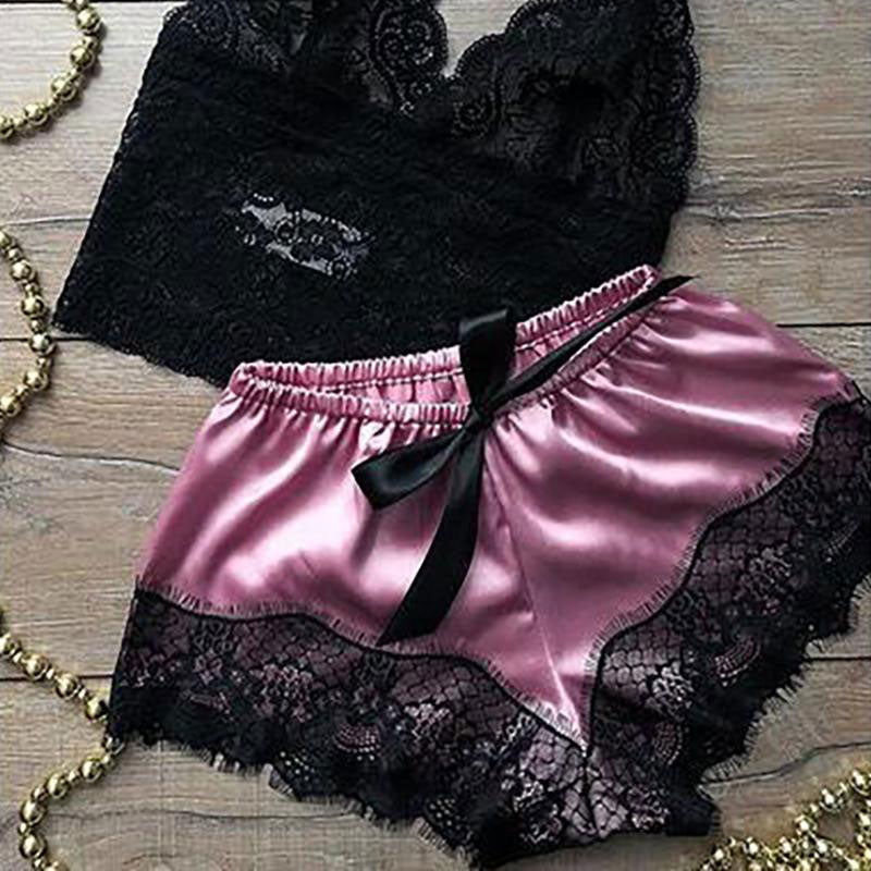 Eyelash Crochet Lace Satin Bowknot Cami Set