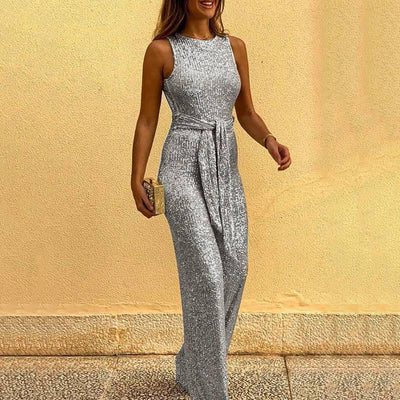 Glitter Round Neck Sleeveless Backless Sequins Jumpsuit - Cherrybetty