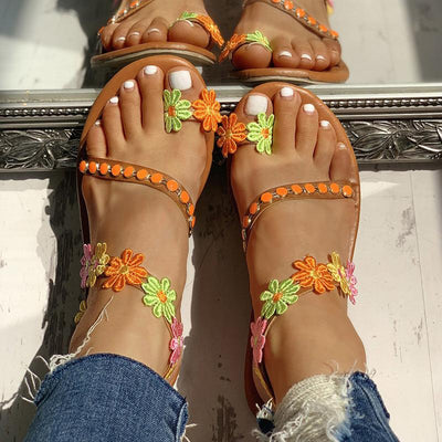Flower Embellished Toe Ring Flat Sandals - Shop Shiningbabe - Womens Fashion Online Shopping Offering Huge Discounts on Shoes - Heels, Sandals, Boots, Slippers; Clothing - Tops, Dresses, Jumpsuits, and More.