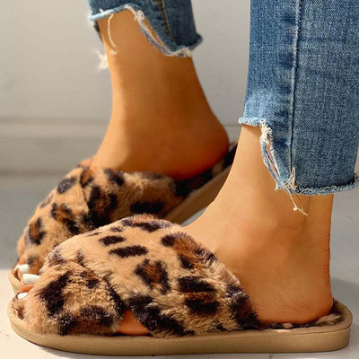 Fluffy Leopard Crisscross Flat Slippers - Cherrybetty