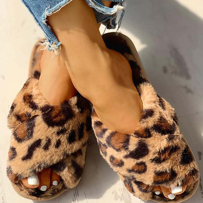 Fluffy Leopard Crisscross Flat Slippers - Cherrybetty