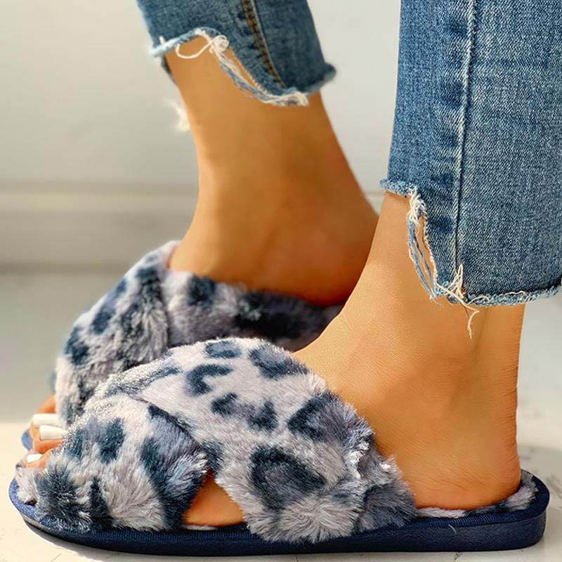 Fluffy Leopard Crisscross Flat Slippers - Cherrybetty