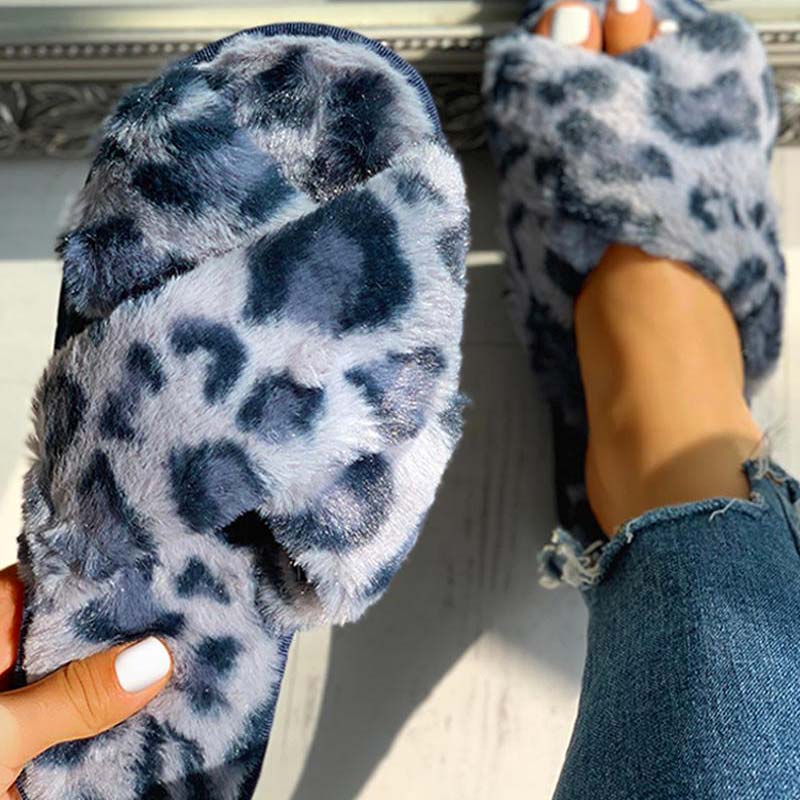 Fluffy Leopard Crisscross Flat Slippers - Cherrybetty