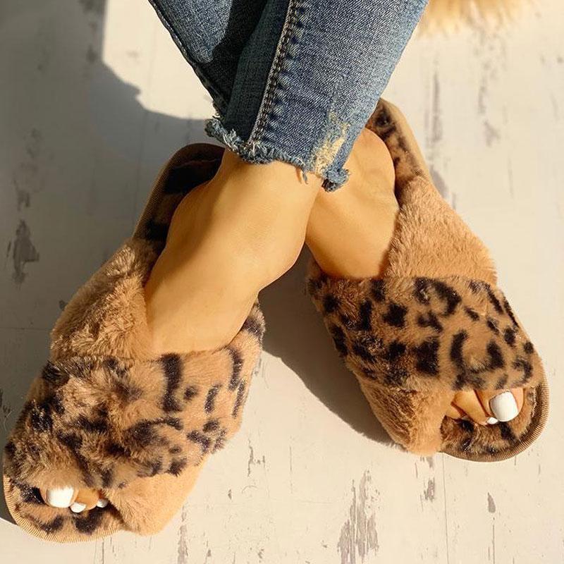 Fluffy Leopard Crisscross Peep Toe Slippers - Cherrybetty