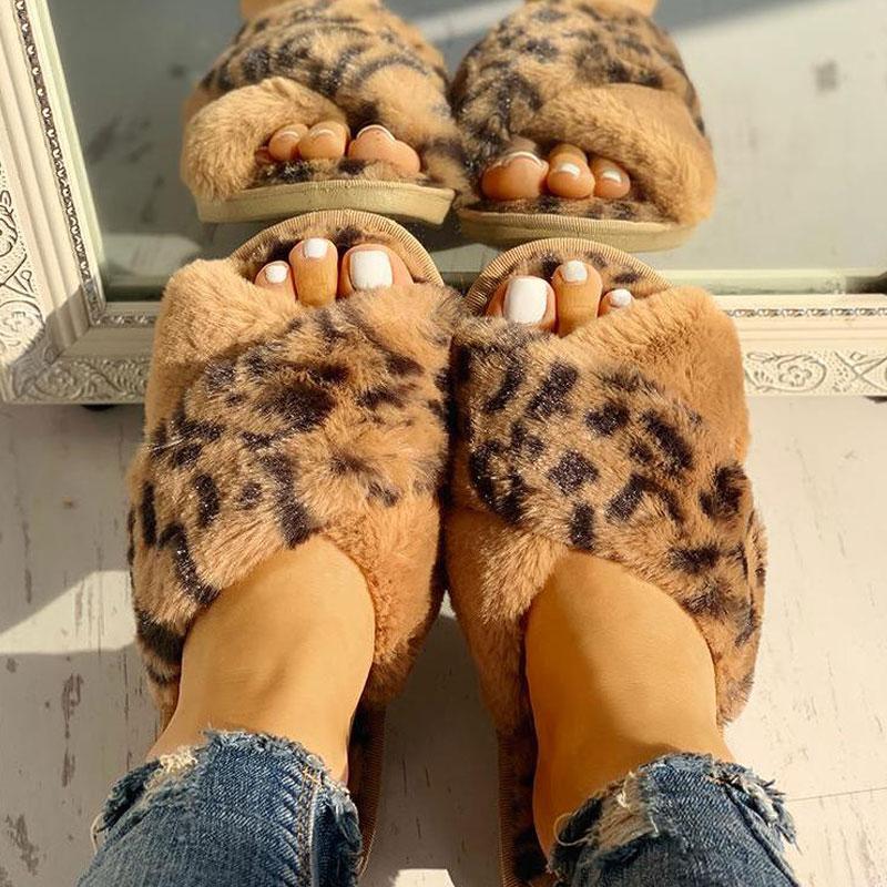 Fluffy Leopard Crisscross Peep Toe Slippers - Cherrybetty