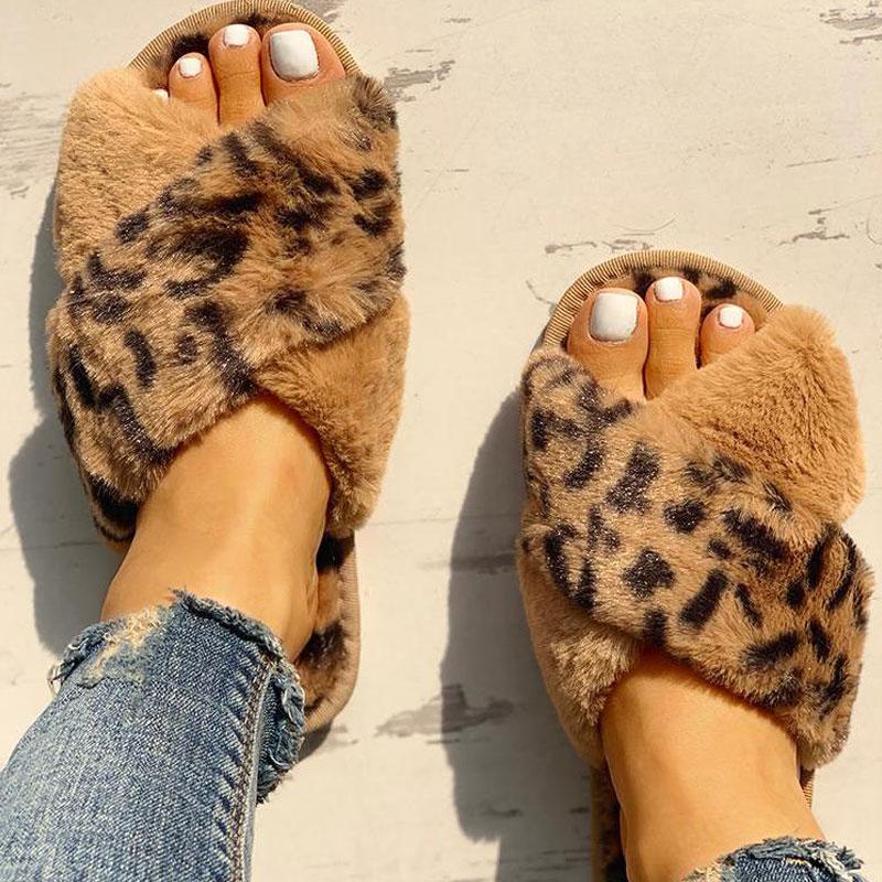 Fluffy Leopard Crisscross Peep Toe Slippers - Cherrybetty