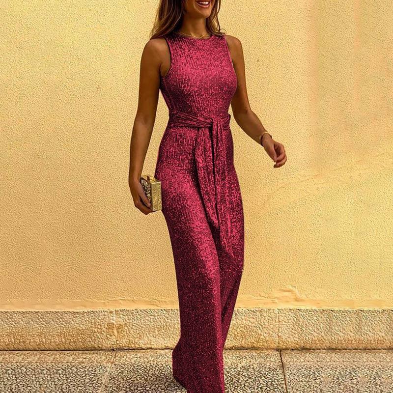 Glitter Round Neck Sleeveless Backless Sequins Jumpsuit - Cherrybetty