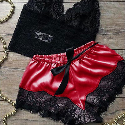 Eyelash Crochet Lace Satin Bowknot Cami Set