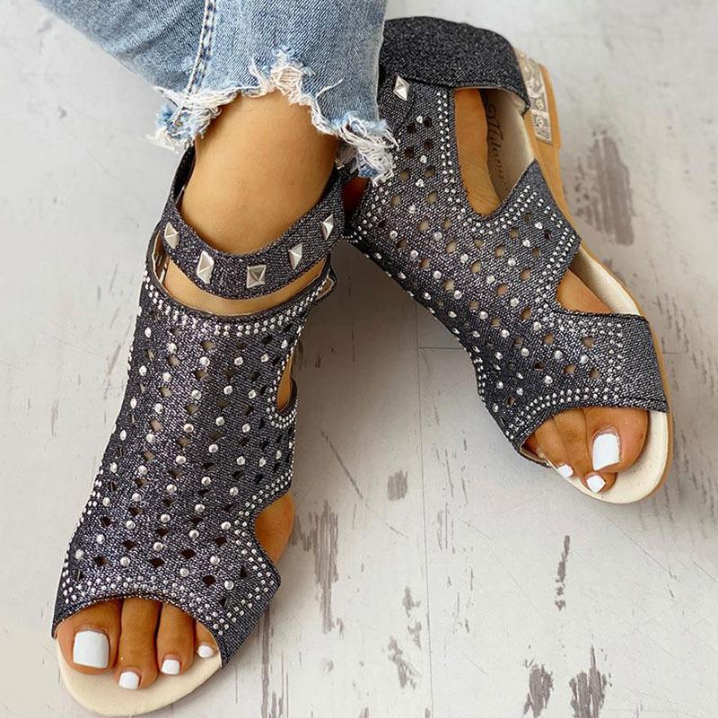 Rivet Detail Cutout Flat Sandals - Shop Shiningbabe - Womens Fashion Online Shopping Offering Huge Discounts on Shoes - Heels, Sandals, Boots, Slippers; Clothing - Tops, Dresses, Jumpsuits, and More.