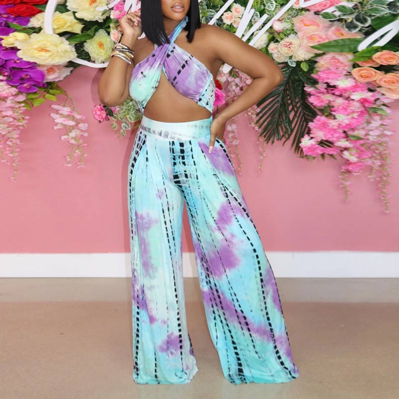 Tie Dye Print Halter Crop Top & Wide Leg Pants Set