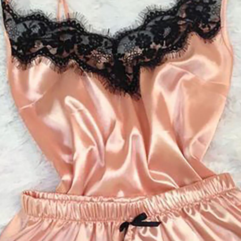 Solid Lace Trim Satin Cami Set