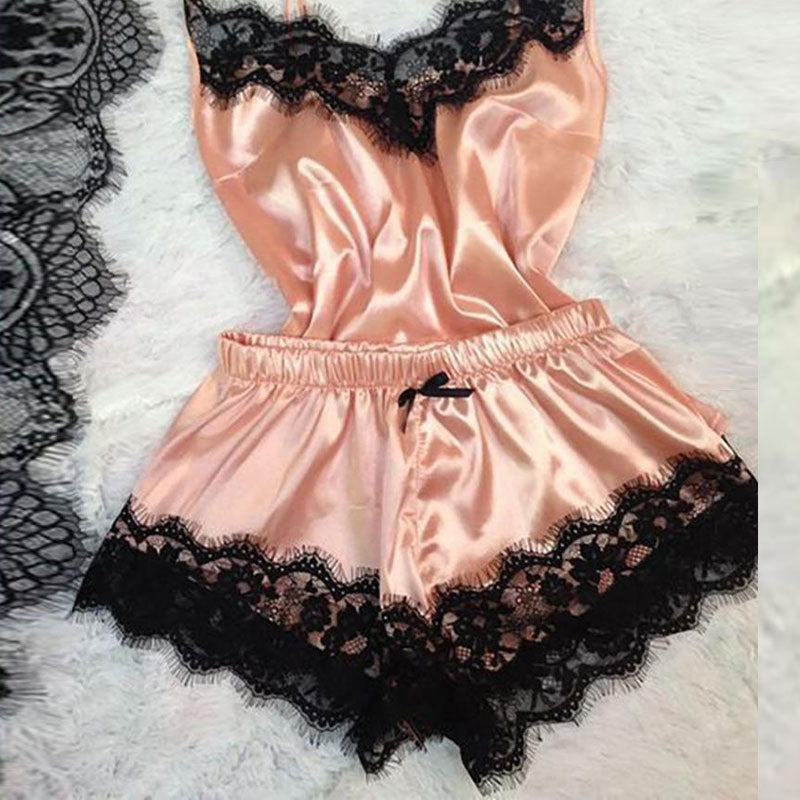 Solid Lace Trim Satin Cami Set