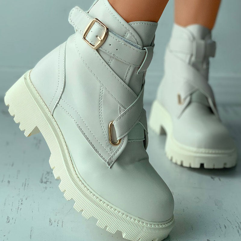 Solid Bandage Buckle Decor Combat Boots