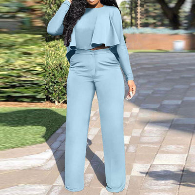 Solid Ruffle Design Long Sleeve Top & Pants Set