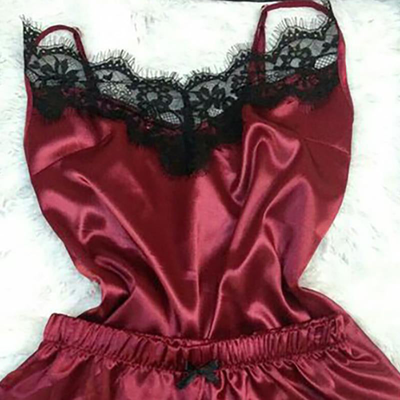 Solid Lace Trim Satin Cami Set