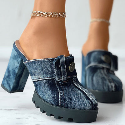 Button Decoration Denim Chunky Heeled Pumps