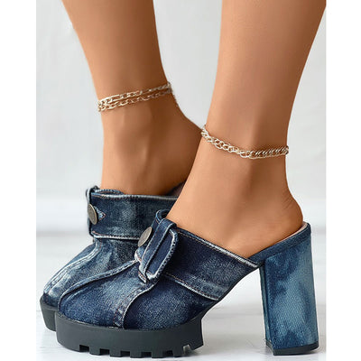 Button Decoration Denim Chunky Heeled Pumps