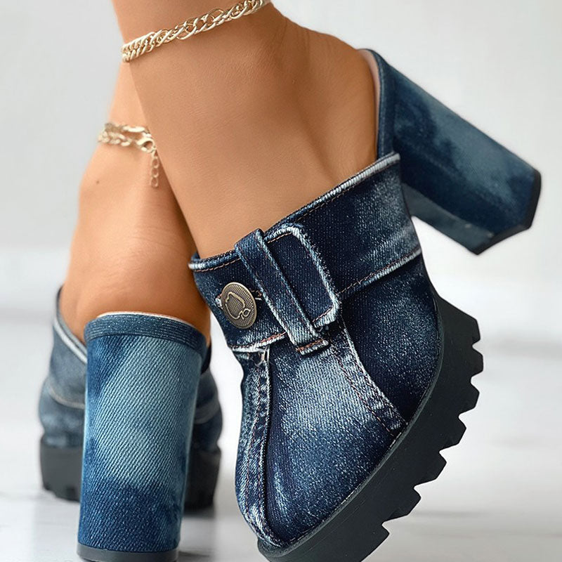 Button Decoration Denim Chunky Heeled Pumps