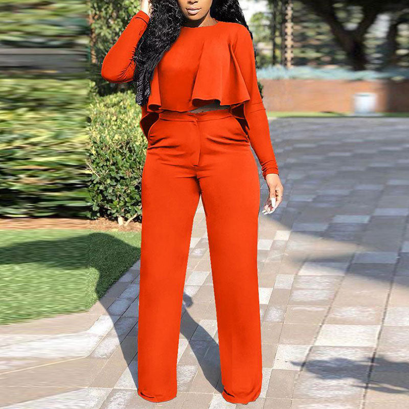 Solid Ruffle Design Long Sleeve Top & Pants Set